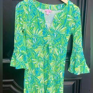 Lilly Pulitzer Floral Cotton Bell Sleeve Dress Blue/Green Small